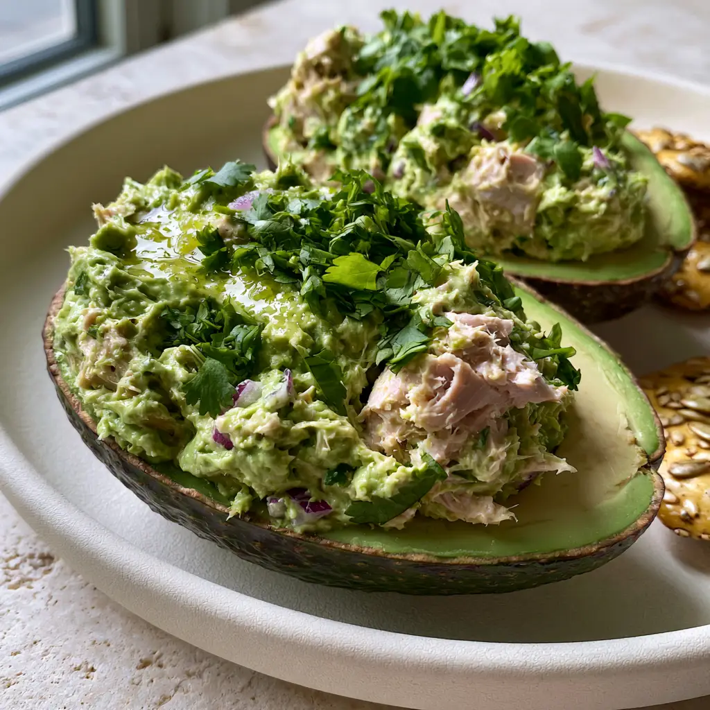 Avocado Tuna Salad: The Ultimate Creamy, Mayo-Free Power Lunch 1 Top-down view of avocado tuna salad with a glistening lime juice glaze and cracked pepper.