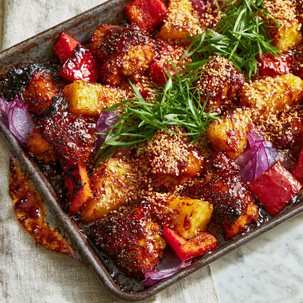 Hawaiian Chicken Sheet Pan: The Ultimate Sticky Pineapple Dinner 2 Close up of seared chicken thighs and translucent red onion petals in a dark amber teriyaki glaze. (Hawaiian Chicken Sheet Pan)