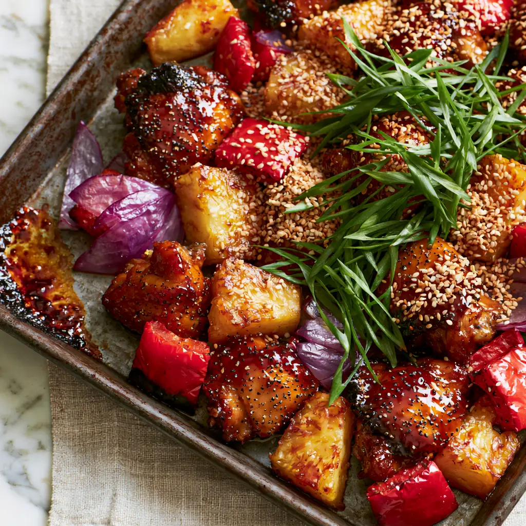 Hawaiian Chicken Sheet Pan: The Ultimate Sticky Pineapple Dinner 1 Overhead view of a Hawaiian Chicken Sheet Pan garnished with a heavy sprinkle of toasted sesame seeds and bright green scallions.