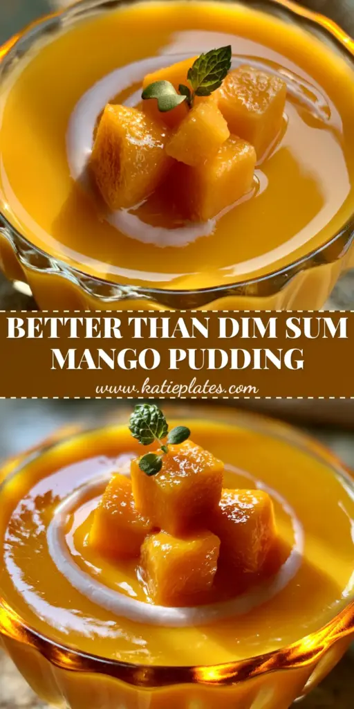 A close-up shot of a vibrant golden-orange Mango pudding in a glass ramekin, topped with mango cubes and mint, under golden hour light.
