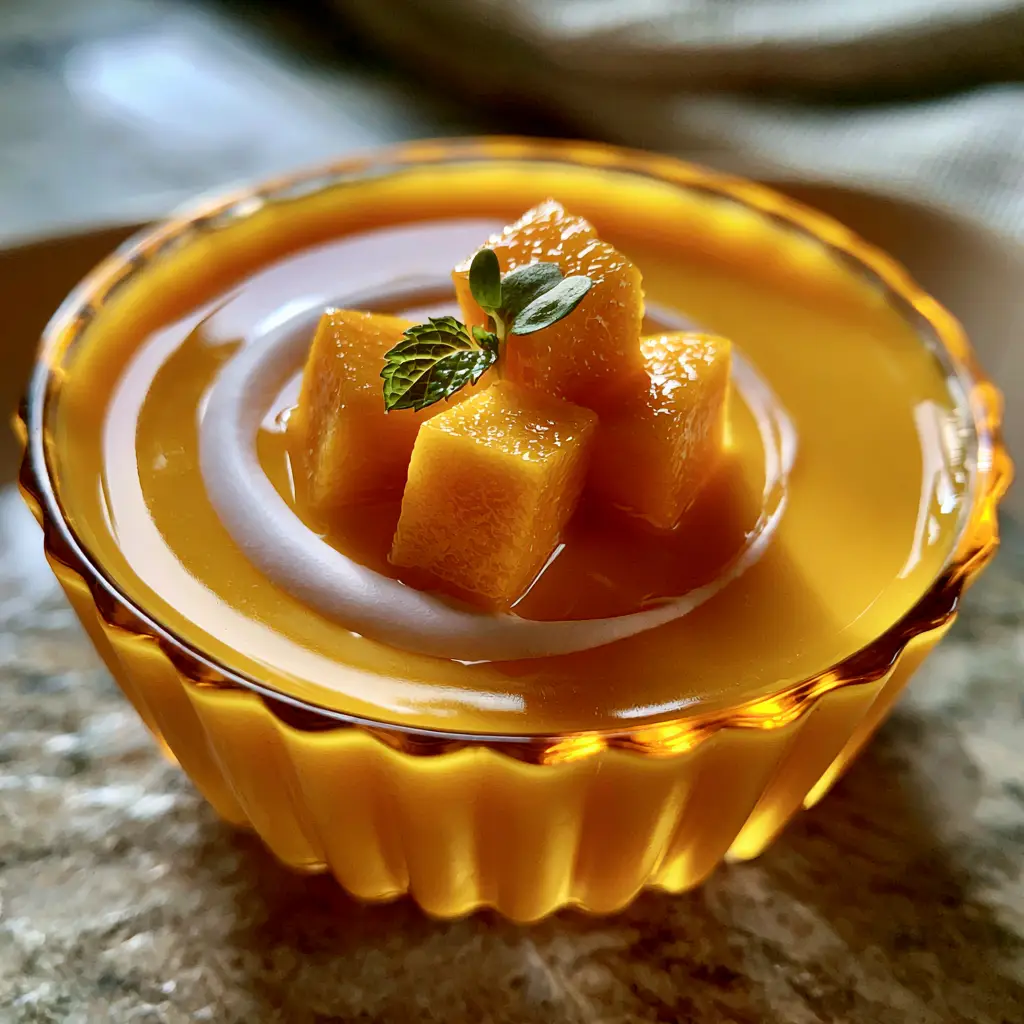 Vibrant golden-orange Mango pudding topped with three fresh mango cubes and a single mint leaf in a fluted ramekin.