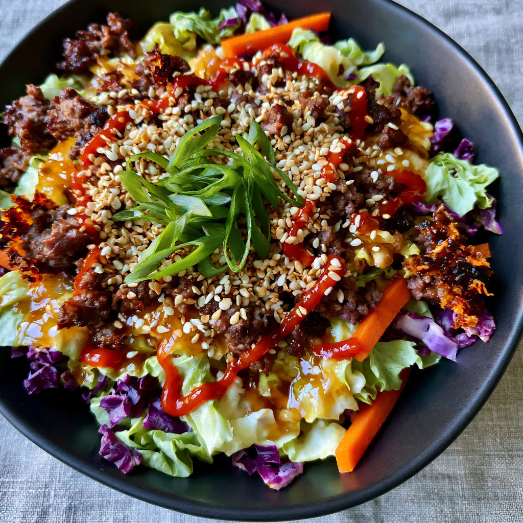 A top-down view showing julienned carrots, toasted sesame seeds, and fresh green onions over a savory beef and cabbage mix.