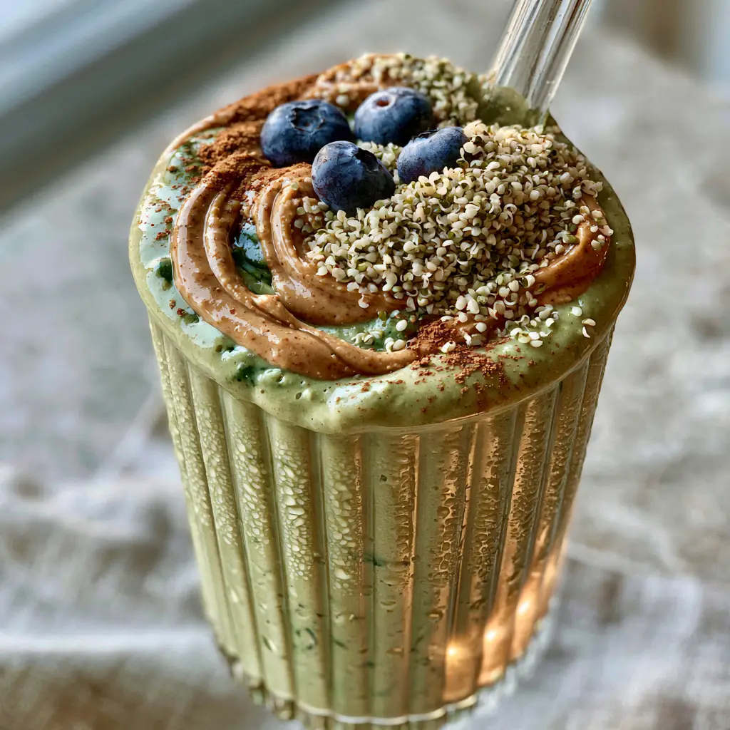 Breakfast Smoothie Recipes: The Ultimate Creamy Avocado and Spinach Power Blend 2 Macro shot of a thick green smoothie with visible condensation on a ribbed glass and a glass straw. (breakfast smoothie recipes)