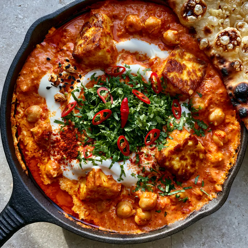 Indian Cuisine: Creamy Paneer and Chickpea Curry with Charred Garlic Naan 2 Close-up of golden seared paneer cubes and tender chickpeas in a thick orange tomato-cream gravy. (Indian cuisine)