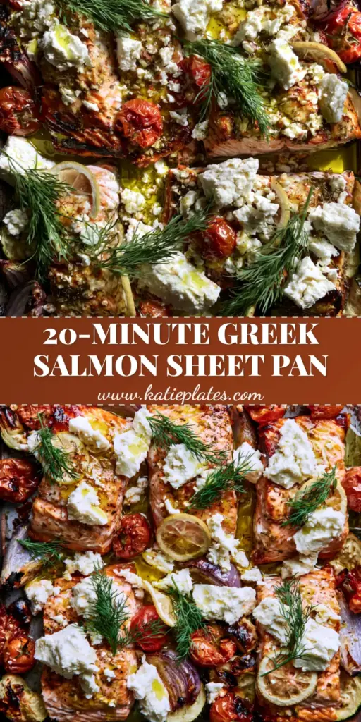 A rustic sheet pan filled with roasted Greek Salmon, blistered tomatoes, zucchini, and creamy feta chunks, garnished with fresh dill.
