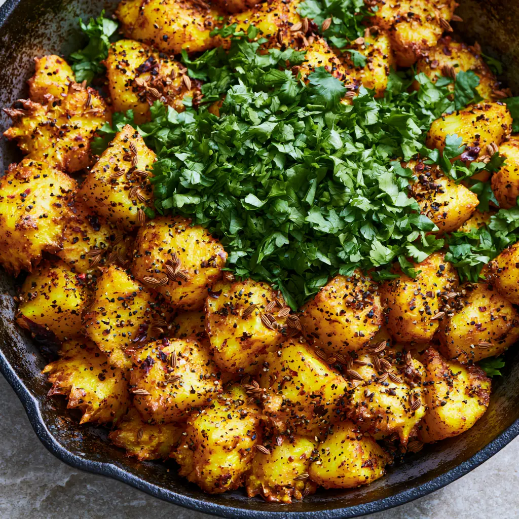 Indian Potatoes: The Ultimate Crispy Bombay Aloo with Cumin and Ghee 2 Extreme close-up of jagged crispy edges on Indian potatoes with visible cumin seeds and red chili flakes. (Indian potatoes)