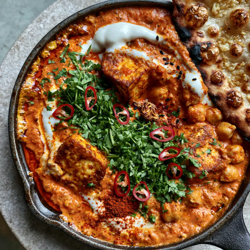Indian Cuisine: Creamy Paneer and Chickpea Curry with Charred Garlic Naan 1 A vertical overhead shot of Indian paneer curry in a black skillet with charred garlic naan resting on the rim.
