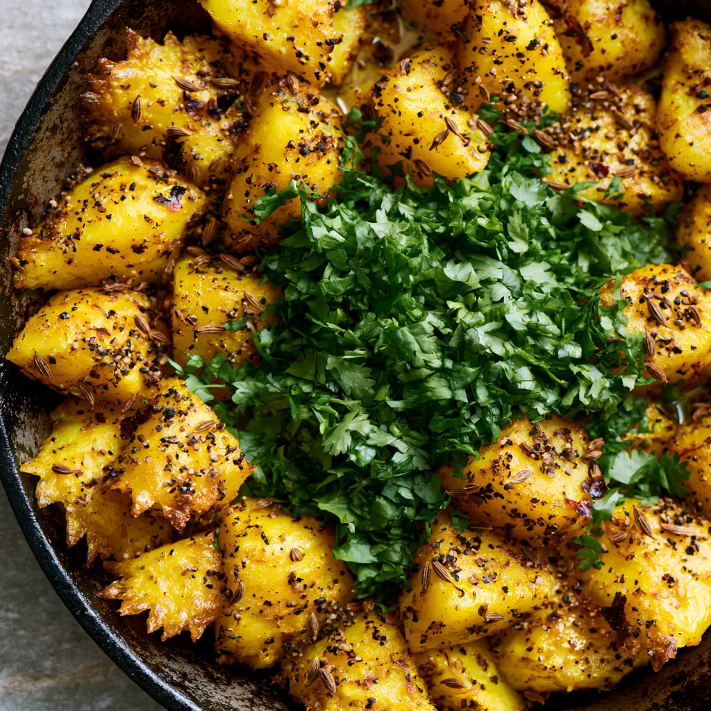 Indian Potatoes: The Ultimate Crispy Bombay Aloo with Cumin and Ghee 1 Top-down view of vibrant yellow Indian potatoes heavily encrusted with spices and topped with fresh green cilantro. (Indian potatoes)