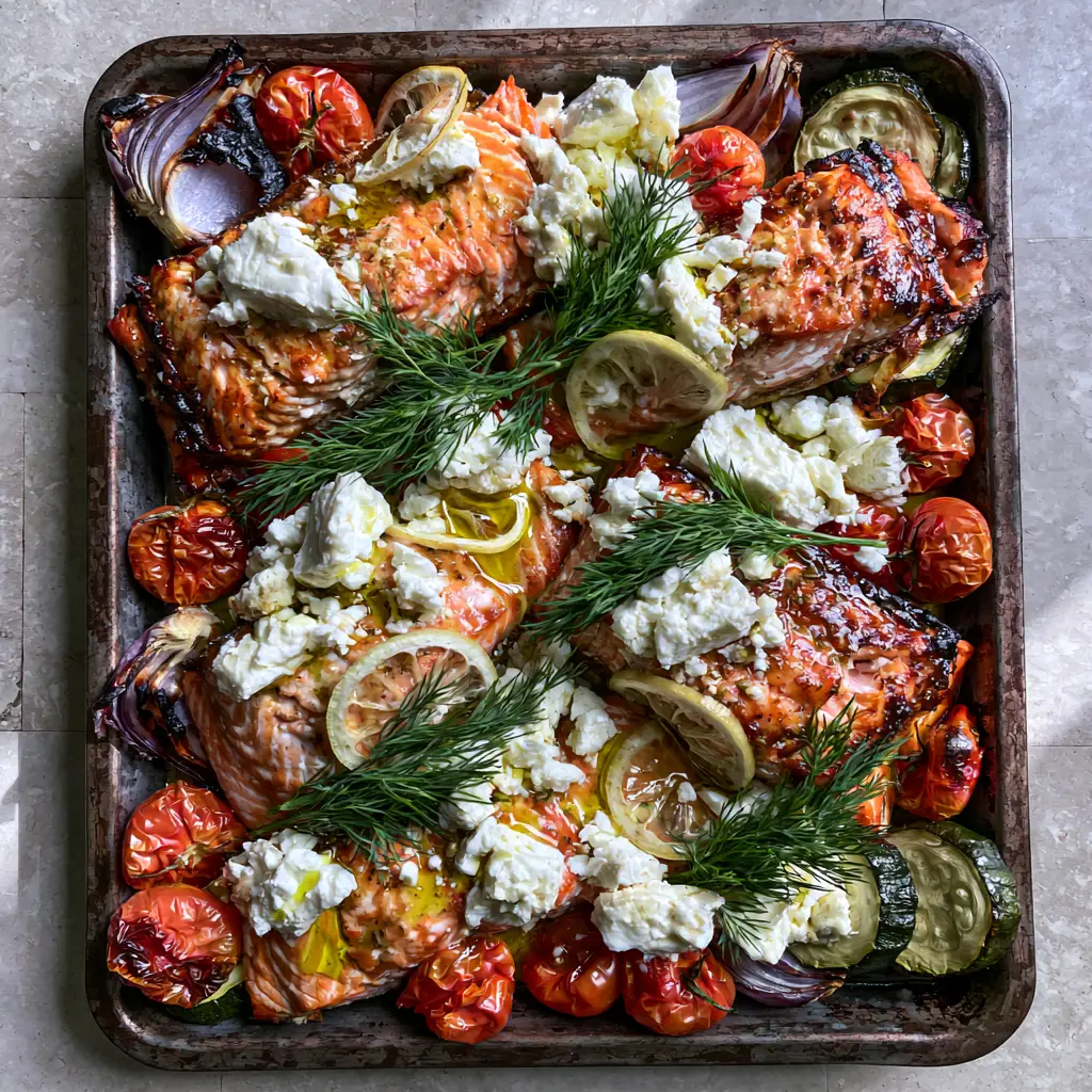 Close up of creamy feta chunks and fresh dill sprigs scattered over roasted salmon and zucchini rounds.