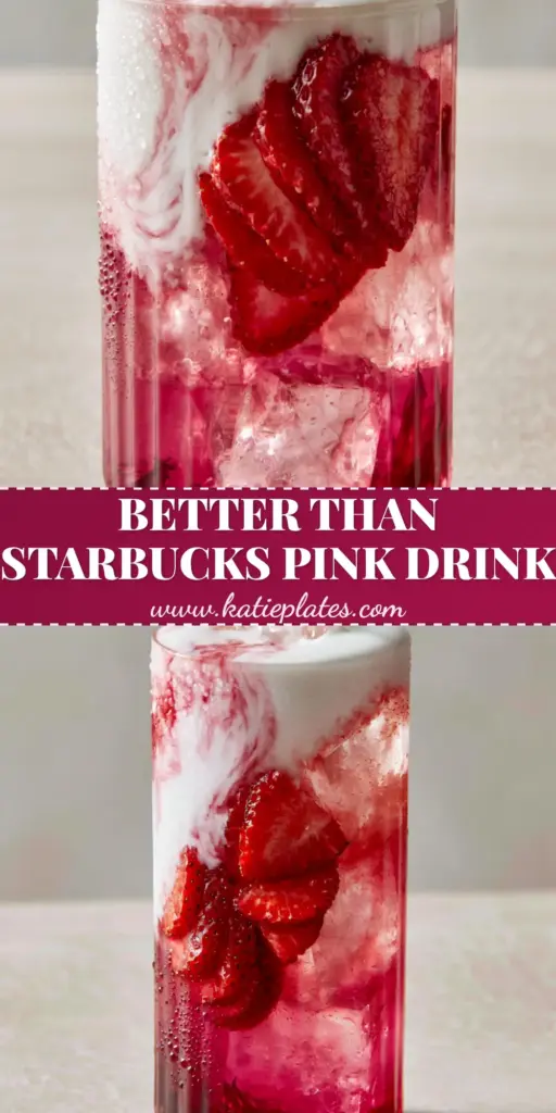 Strawberry Coconut Refresher: The Ultimate Magenta Pink Drink Recipe 3 A tall ribbed glass filled with a Strawberry Coconut Refresher featuring magenta hibiscus tea, white coconut milk swirls, and thin strawberry slices.