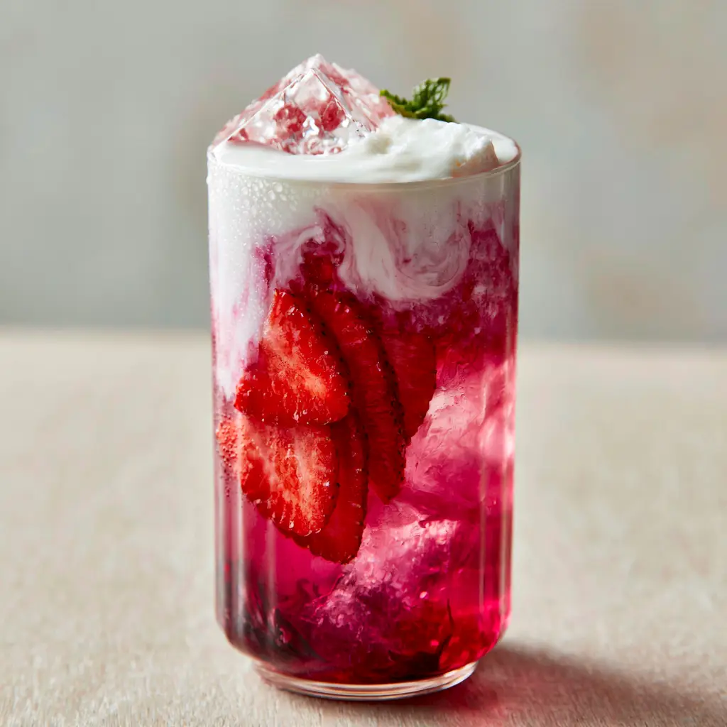 Strawberry Coconut Refresher: The Ultimate Magenta Pink Drink Recipe 2 Handheld photo of a Strawberry Coconut Refresher with clear square ice cubes and a mint leaf garnish.