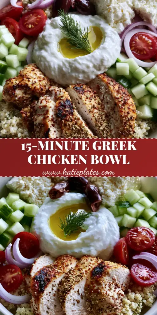 Greek-inspired recipes: The Ultimate Seared Chicken and Lemon Herb Quinoa Bowl 4 A high-angle close-up of a vibrant Greek chicken bowl with seared chicken breast, lemon herb quinoa, and fresh Mediterranean vegetables in a white ceramic dish. (Greek-inspired recipes)