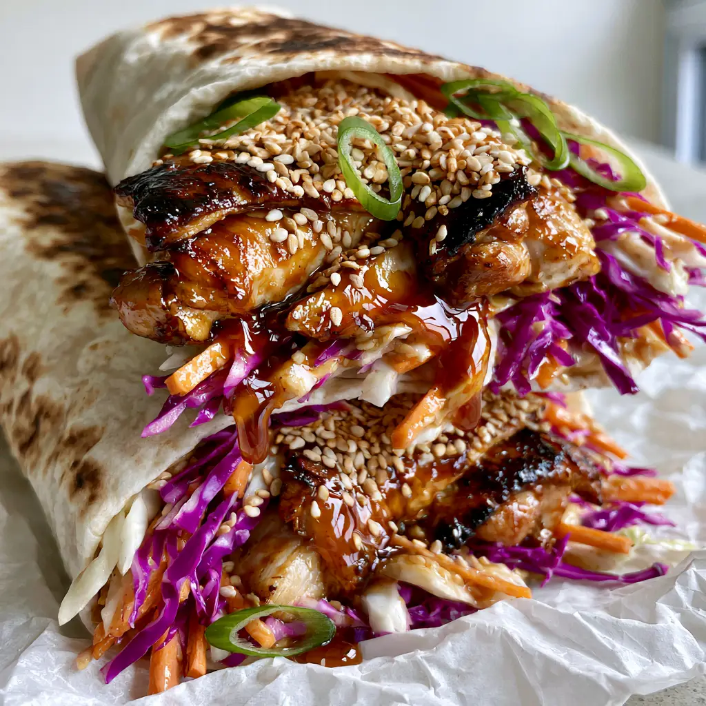 Teriyaki Chicken Wrap: The Ultimate Glossy, Charred, and Crunchy Recipe 2 Close up of seared chicken thighs with a thick amber glaze and shredded purple cabbage in a charred tortilla. (teriyaki chicken wrap)