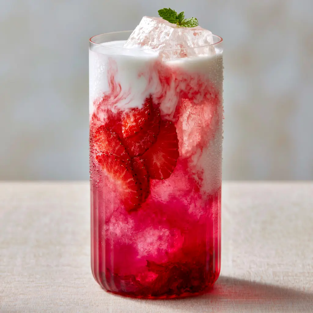 Strawberry Coconut Refresher: The Ultimate Magenta Pink Drink Recipe 1 Close up of coconut milk swirling into magenta hibiscus tea in a ribbed glass vessel.