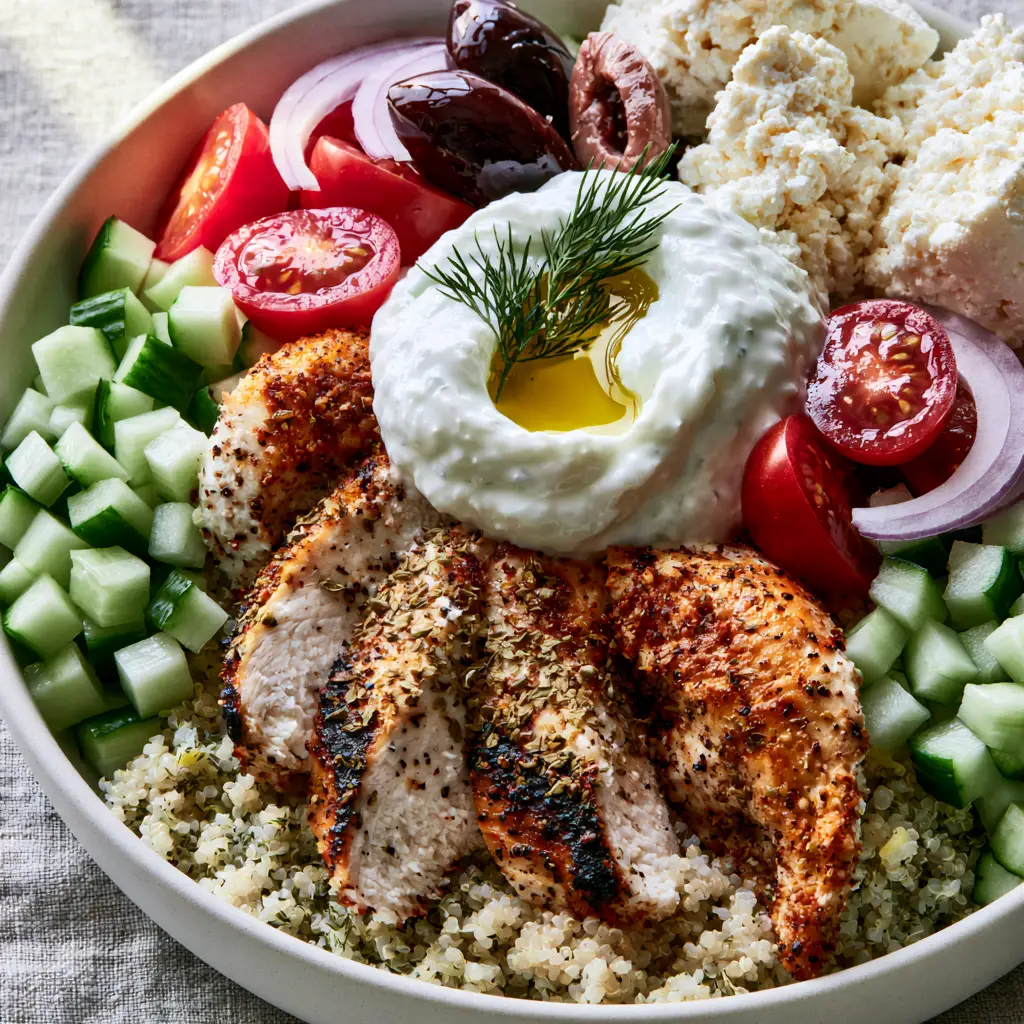 Greek-inspired recipes: The Ultimate Seared Chicken and Lemon Herb Quinoa Bowl 2 Extreme close-up of seared chicken breast with charred edges and visible oregano specks over a bed of fluffy quinoa. (Greek-inspired recipes)