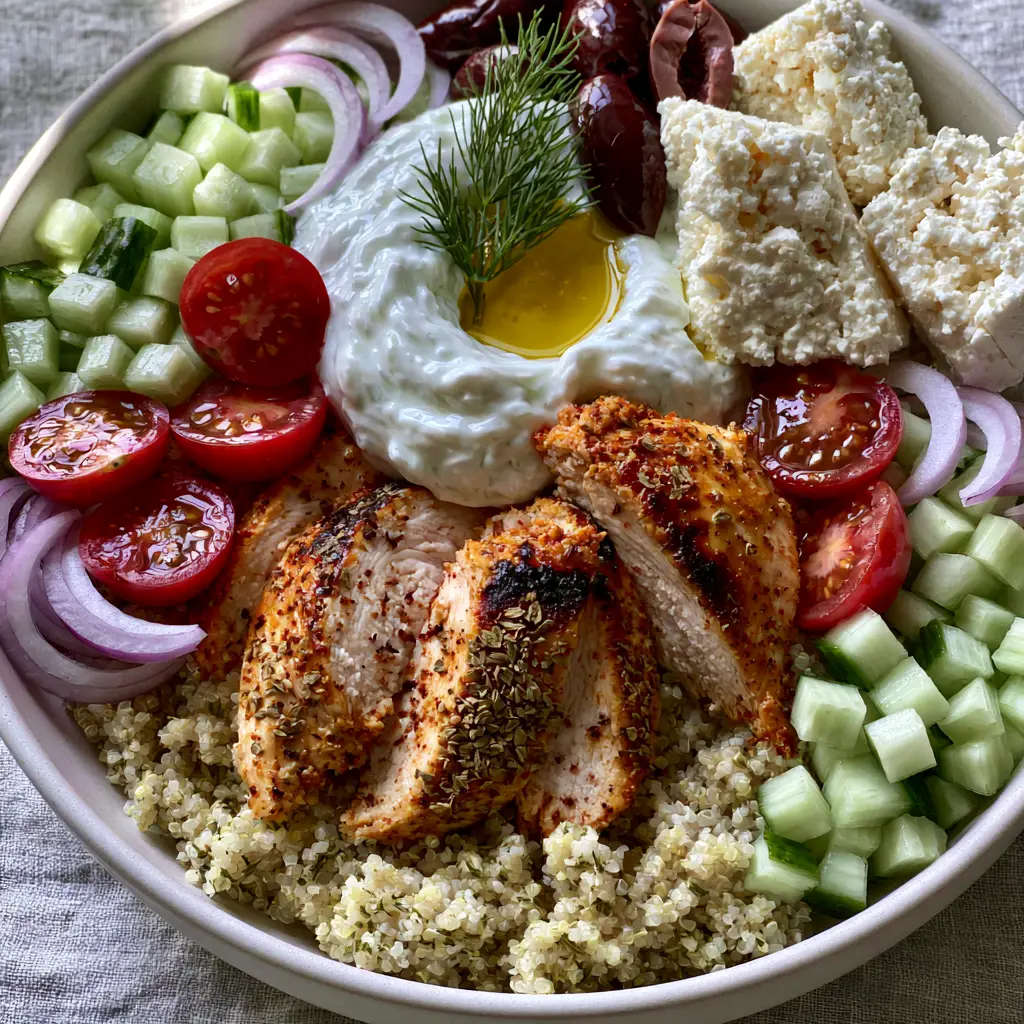 Greek-inspired recipes: The Ultimate Seared Chicken and Lemon Herb Quinoa Bowl 1 Macro shot of a thick tzatziki dollop with a pool of olive oil, surrounded by feta blocks and Kalamata olives.