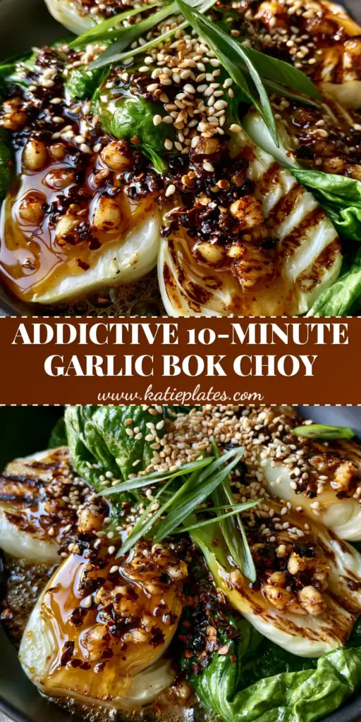 Spicy Garlic Bok Choy with Sizzling Chili Oil and Toasted Garlic 4 A top-down view of Spicy Garlic Bok Choy in a matte black bowl with charred stalks and sizzling amber chili oil.